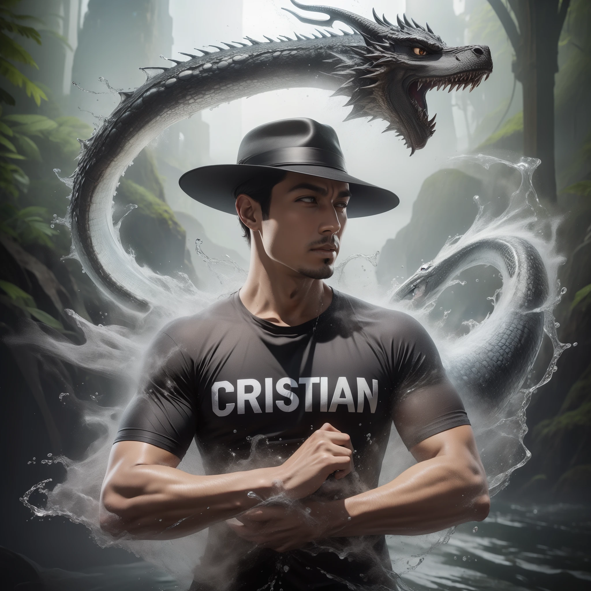 arafed image of a man in a hat and a black shirt with a dragon on it, christian, christian orrillo, inspired by Rudy Siswanto, water manipulation photoshop, christian saint, human and dragon fusion, inspired by Christian August Lorentzen, wlop and ross tran, inspired by Lucas Vorsterman, realistic fantasy photography, christian cline