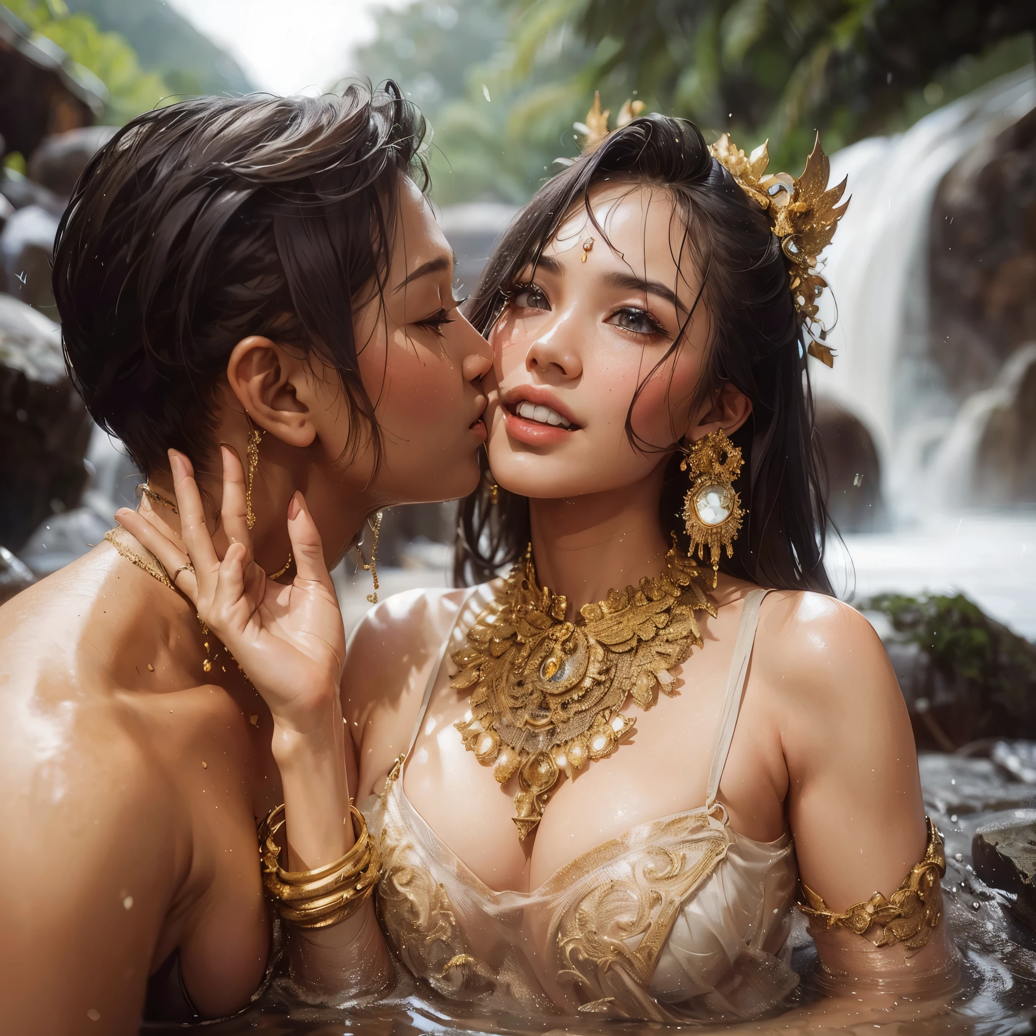 araffes in a river with a hansdsome man kissing a woman with large breast, stream of love and happiness, javanese mythology, bathing in a waterfall, 8k)), 🤬 🤮 💕 🎀, thailand art, roberto ferri and ruan jia, goddess of love and peace, amano and karol bak, karol bak and peter mohrbacher, masterpiece, best quality:1.2),,(8k,highres,RAW photo,realistic,photo-realistic:1.3),(detailed skin texture,detailed cloth texture,beautiful detailed face:1.25),professional lighting,photon mapping,beautiful soft light,radiosity,physically-based rendering,raytracing, model shoot style, model shoot style, (extremely detailed CG unity 8k wallpaper), full shot body photo of the most beautiful artwork in the world,