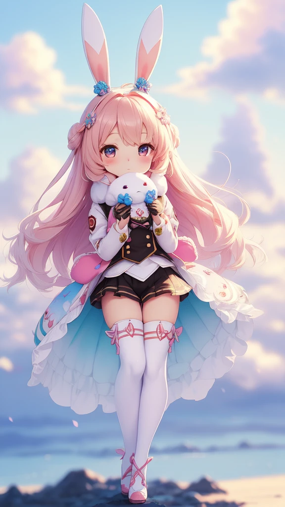 Bunny Morphing Girl, Fluffy, Soft ((Best Quality)), ((masutepiece)), ( Extreme Detail, Supreme Detail, Official art, Beauty and aesthetics: 1.2), depth of fields, Composition, Full body, (Chibi), (Beautiful and detailed eyes: 1.3), (Very satisfied:1), Colorful clouds blurred background