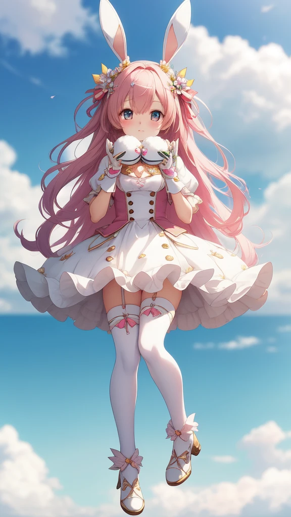 Bunny Morphing Girl, Fluffy, Soft ((Best Quality)), ((masutepiece)), ( Extreme Detail, Supreme Detail, Official art, Beauty and aesthetics: 1.2), depth of fields, Composition, Full body, (Chibi), (Beautiful and detailed eyes: 1.3), (Very satisfied:1), Colorful clouds blurred background