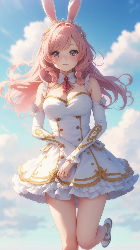 Bunny Morphing Girl, Fluffy, Soft ((Best Quality)), ((masutepiece)), ( Extreme Detail, Supreme Detail, Official art, Beauty and aesthetics: 1.2), depth of fields, Composition, Full body, (Chibi), (Beautiful and detailed eyes: 1.3), (Very satisfied:1), Colorful clouds blurred background