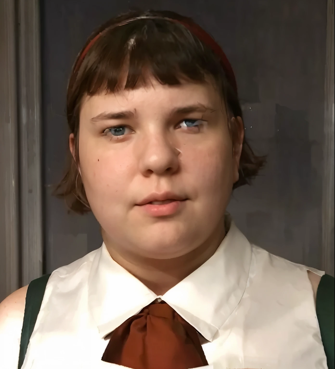 short ratty hair, red headband, blue eyes, fat nose, fat face, fat lips, fat body. white shirt, red tie, green overalls, acne face, ugly girl, fat girl