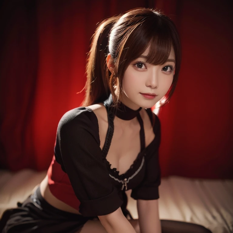 kasumi, eyes browns, (best qualityer, ultra detali), (realisitic:1.37), beautiful and detailed face, ultra-realisitic texture, 精致的面容, Delicate body, red lipgloss stick, shiny colors. High definition, 8k, expression with a big cute smile