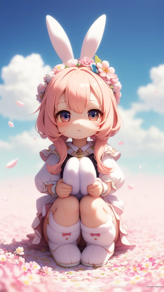 Bunny Morphing Girl, Fluffy, Soft ((Best Quality)), ((masutepiece)), ( Extreme Detail, Supreme Detail, Official art, Beauty and aesthetics: 1.2), depth of fields, Composition, Full body, (Chibi), (Beautiful and detailed eyes: 1.3), (Very satisfied:1), Colorful clouds blurred background