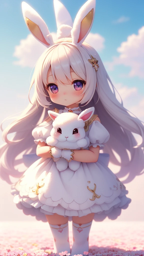 Bunny Morphing Girl, Fluffy, Soft ((Best Quality)), ((masutepiece)), ( Extreme Detail, Supreme Detail, Official art, Beauty and aesthetics: 1.2), depth of fields, Composition, Full body, (Chibi), (Beautiful and detailed eyes: 1.3), (Very satisfied:1), Colorful clouds blurred background