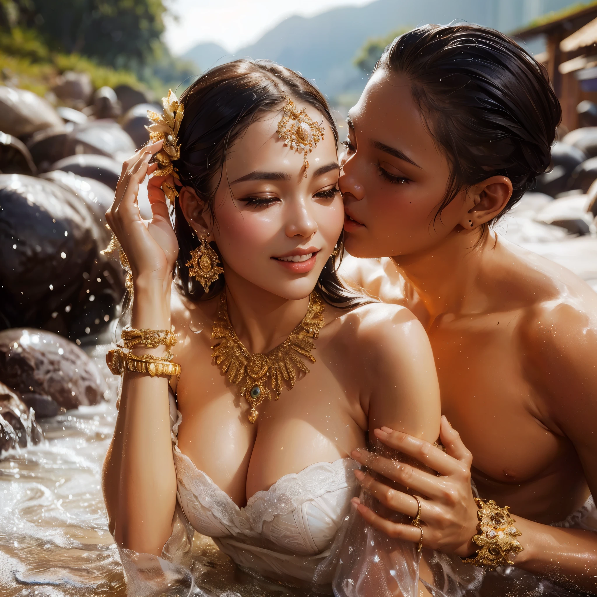 araffes in a river with a hansdsome man kissing a woman with large breast, stream of love and happiness, javanese mythology, bathing in a waterfall, 8k)), 🤬 🤮 💕 🎀, thailand art, roberto ferri and ruan jia, goddess of love and peace, amano and karol bak, karol bak and peter mohrbacher, masterpiece, best quality:1.2),,(8k,highres,RAW photo,realistic,photo-realistic:1.3),(detailed skin texture,detailed cloth texture,beautiful detailed face:1.25),professional lighting,photon mapping,beautiful soft light,radiosity,physically-based rendering,raytracing, model shoot style, model shoot style, (extremely detailed CG unity 8k wallpaper), full shot body photo of the most beautiful artwork in the world,