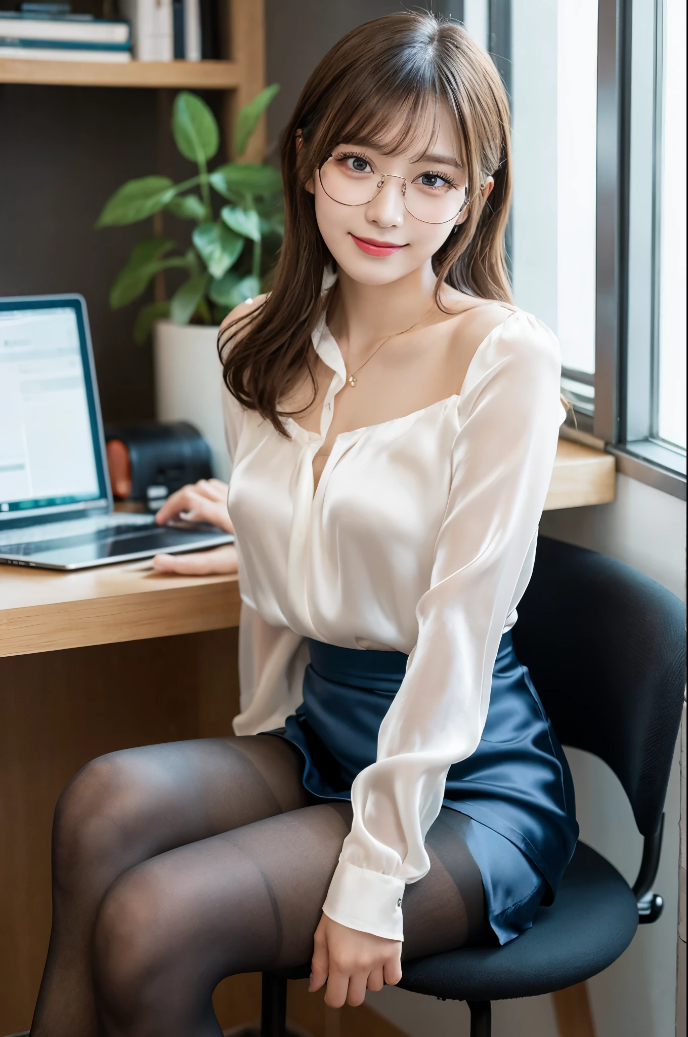 ulzzang -6500-v1.1, (Raw photo:1.2), (Photorealsitic), (See-through:1.3), (Real:1.4), 1Girl in glasses、22year old、game_nffsw, Ocean Blue Eyes(eye detailed), Smile of shame、I keep my hair up and short、(Elegant silk blouse:1.3), (Ultra-realistic pantyhose:1.2), (flered skirt:1.2), sitting in the office and working at the desk、realistic skin textures、shinny skin、Exposed thighs!!! , make - up、