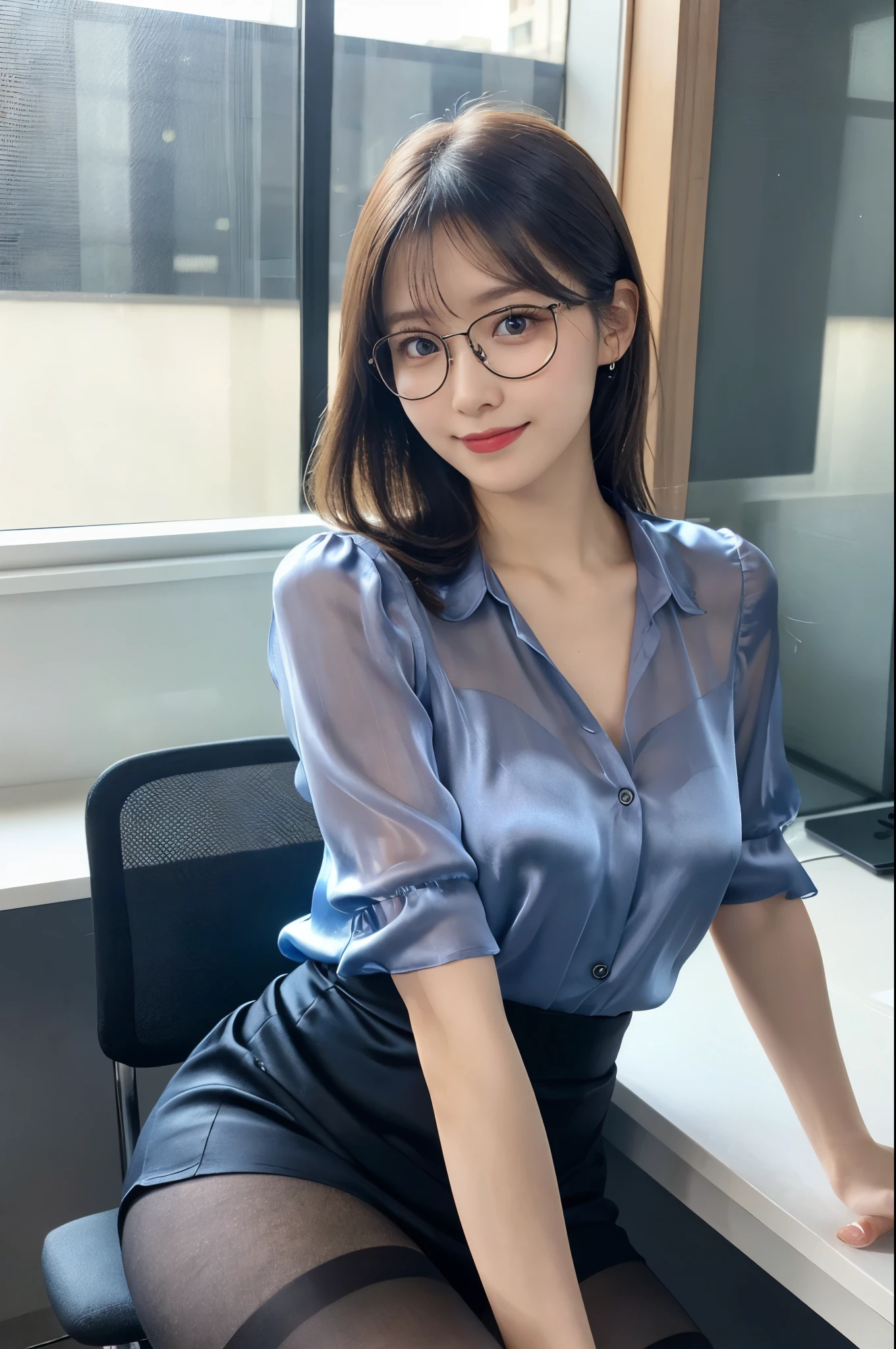 ulzzang -6500-v1.1, (Raw photo:1.2), (Photorealsitic), (See-through:1.3), (Real:1.4), 1Girl in glasses、22year old、game_nffsw, Ocean Blue Eyes(eye detailed), Smile of shame、I keep my hair up and short、(Elegant silk blouse:1.3), (Ultra-realistic pantyhose:1.2), (flered skirt:1.2), sitting in the office and working at the desk、realistic skin textures、shinny skin、Exposed thighs!!! , make - up、