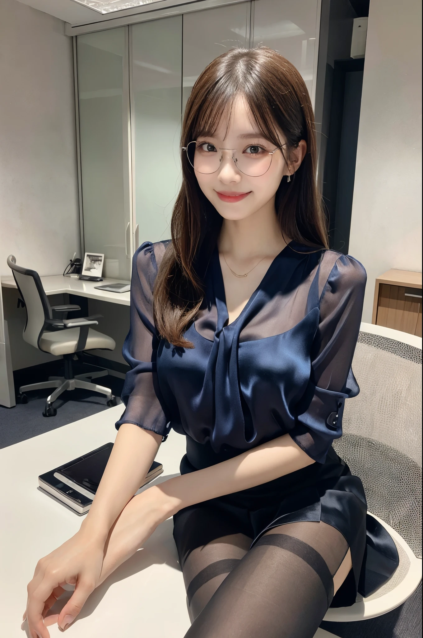 ulzzang -6500-v1.1, (Raw photo:1.2), (Photorealsitic), (See-through:1.3), (Real:1.4), 1Girl in glasses、22year old、game_nffsw, Ocean Blue Eyes(eye detailed), Smile of shame、I keep my hair up and short、(Elegant silk blouse:1.3), (Ultra-realistic pantyhose:1.2), (flered skirt:1.2), sitting in the office and working at the desk、realistic skin textures、shinny skin、Exposed thighs!!! , make - up、