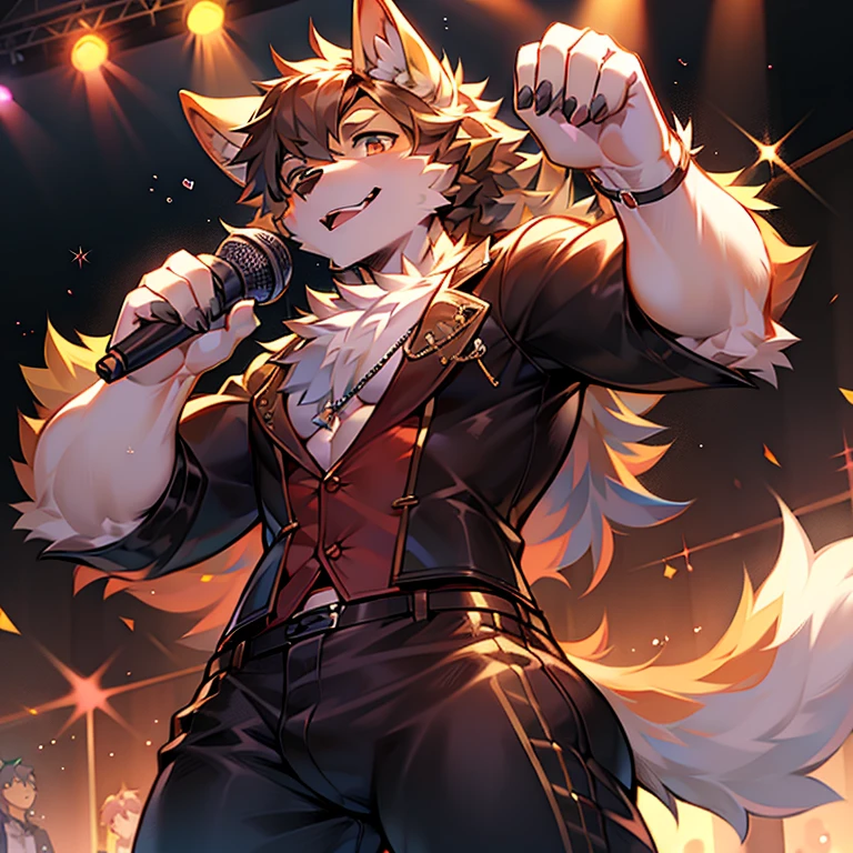 male dog ears，shaggy，singers，youth stage，Microphone in hand，Sexy clothes，Strong body，Let go