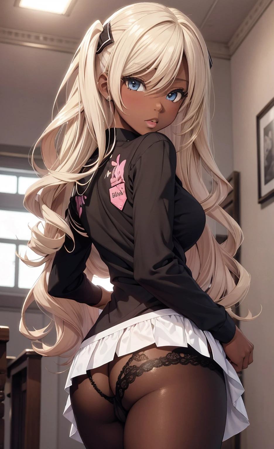Black female with blonde hair, tem destaques rosa, usando roupas justas e sensuais, clivagem,