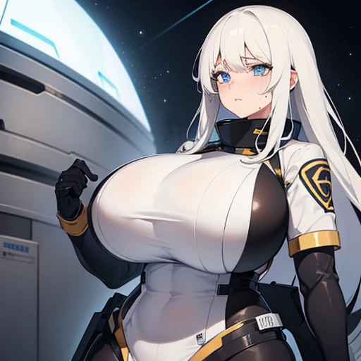Woman with ,golden white hair,Blue eyes,,,black spacesuit, massive body, sweating and wet, heavy breathing, gigantic fat oppai
