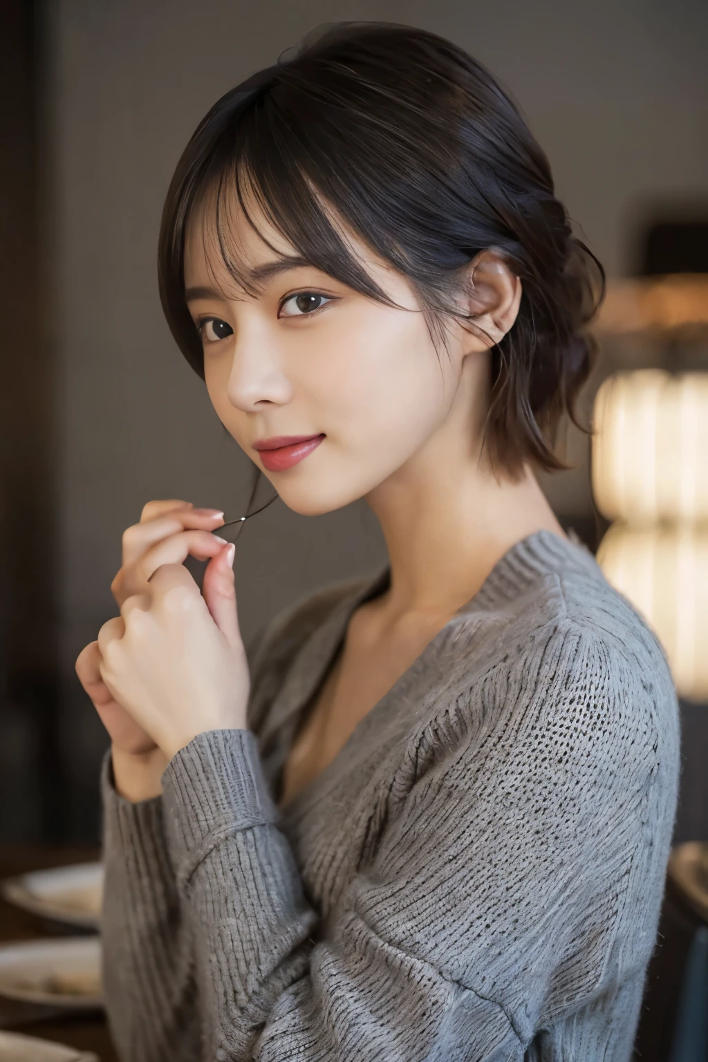 (((White teeth,a smile,resturant,Gray knitwear,profile,stares at the camera))),((japanes,femele,cute little,1 persons)),(clean,short-hair),(top-quality,masterpiece:1.3,超A high resolution),(ultra-detailliert,Caustics),(Photorealsitic:1.4,RAW shooting,)Ultra-realistic capture,A highly detailed,High resolution 16K resolution
