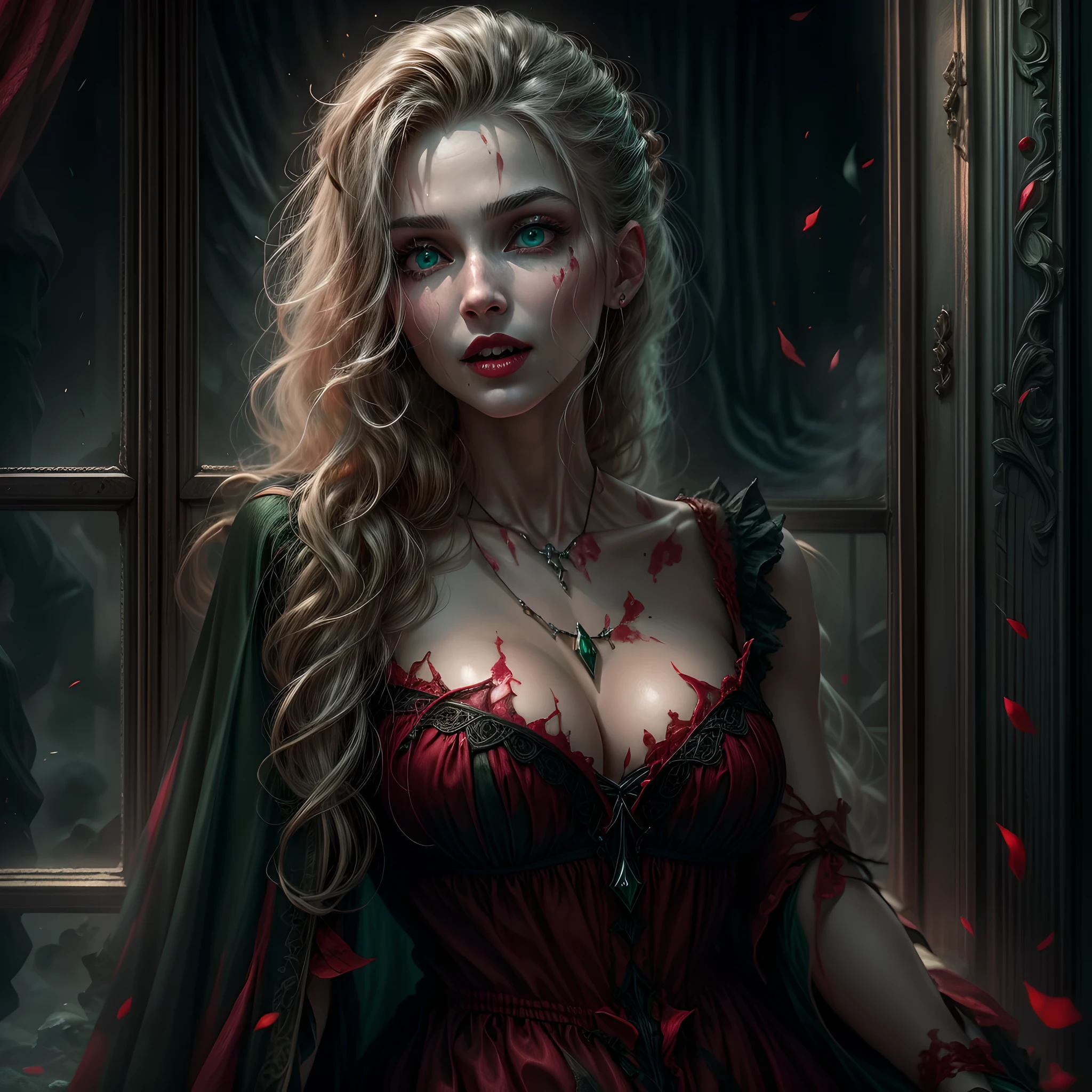 a picture of vampire standing in the front of her home, an exquisite beautiful female vampire in her front door of her home, full body (ultra detailed, Masterpiece, best quality), ultra detailed face (ultra detailed, Masterpiece, best quality), grey skin: 1.3 , blond hair, hair in a ponytail, long hair, blue eyes, cold eyes, glowing eyes, intense eyes, smile with [drops of blood on face] (ultra detailed, Masterpiece, best quality), dark red lips, [vampire fangs], wearing (red: 1.4) dress (ultra detailed, Masterpiece, best quality), (green: 1.4) dark green cloak, (green: 1.3) (green: 1.3) high heeled boots in front of her home,  Cinematic Shot, Cinematic Lighting high details, best quality, 16k, [ultra detailed], masterpiece, best quality, (ultra detailed), full body, ultra wide shot, photorealism, dark fantasy art, moon light coming through the window, moon rays, gothic art, sense of dread, sense of seduction, bloodmagic