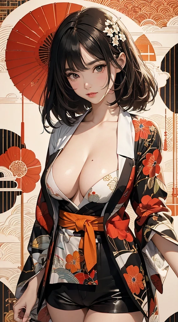 ((8k wallpaper of extremely detailed CG unit, masterpiece, hight resolution, top-quality, top-qualityのリアルテクスチャスキン)), (a very beautiful woman, Plump lips, The upper part of the body, Hands in pockets:1.5, Japanese pattern blouson:1.2, Japanese pattern micro mini shorts:1.2), (A dark-haired, hair messy, de pele branca, small tit), ((Colorful background with geometric patterns, Japanese pattern background, warm color)), (hyper realisitic, digitial painting),