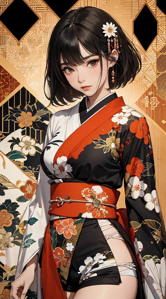 ((8k wallpaper of extremely detailed CG unit, masterpiece, hight resolution, top-quality, top-qualityのリアルテクスチャスキン)), (a very beautiful woman, Plump lips, The upper part of the body, Hands in pockets:1.5, Japanese pattern blouson:1.2, Japanese pattern micro mini shorts:1.2), (A dark-haired, hair messy, de pele branca, small tit), ((Colorful background with geometric patterns, Japanese pattern background, warm color)), (hyper realisitic, digitial painting),