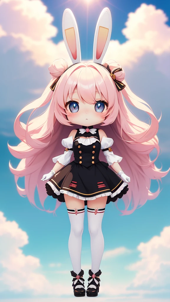 Bunny Morphing Girl, Fluffy, Soft ((Best Quality)), ((masutepiece)), ( Extreme Detail, Supreme Detail, Official art, Beauty and aesthetics: 1.2), depth of fields, Composition, Full body, (Chibi), (Beautiful and detailed eyes: 1.3), (Very satisfied:1), Colorful clouds blurred background