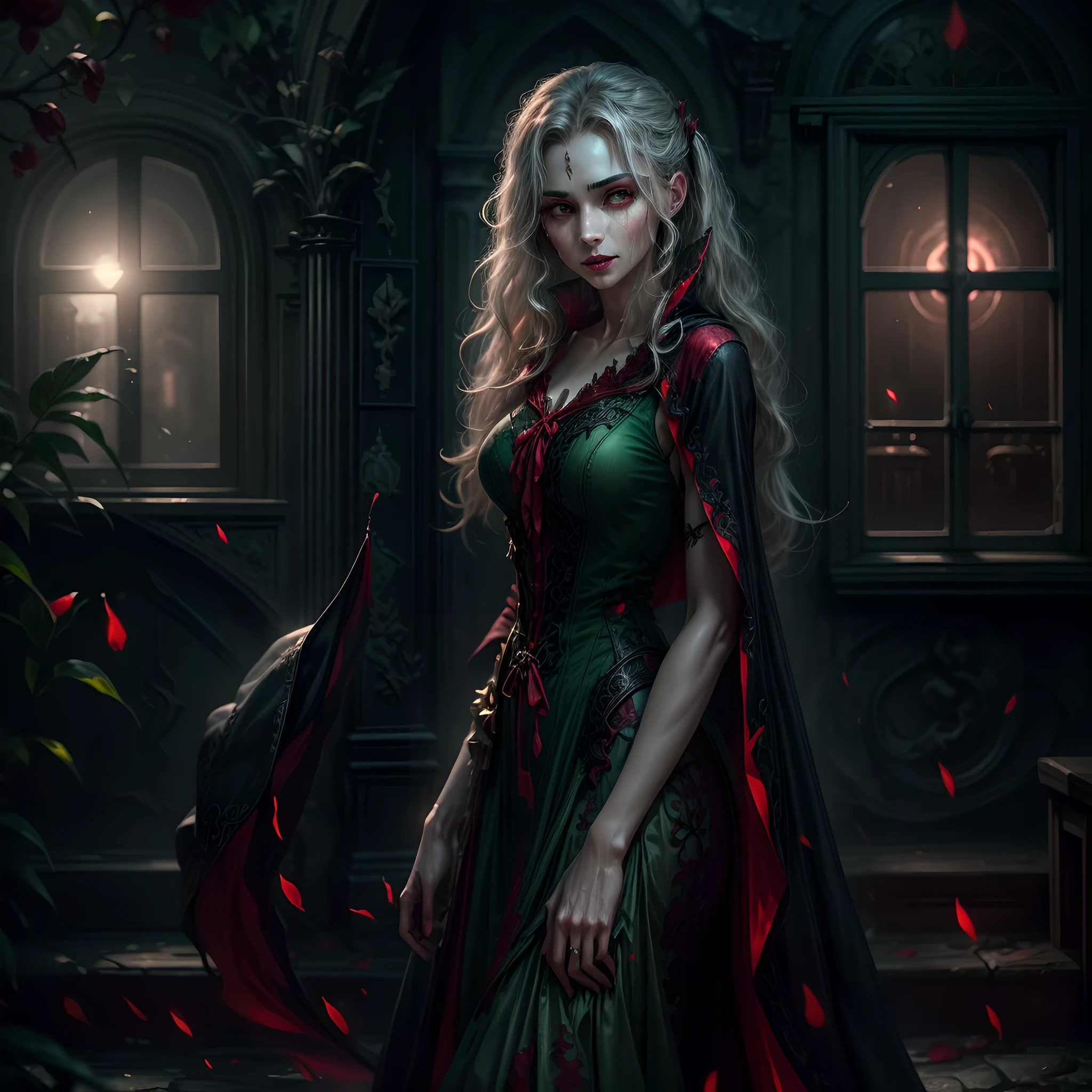 a picture of vampire standing in the front of her home, an exquisite beautiful female vampire in her front door of her home, full body (ultra detailed, Masterpiece, best quality), ultra detailed face (ultra detailed, Masterpiece, best quality), grey skin: 1.3 , blond hair, hair in a ponytail, long hair, blue eyes, cold eyes, glowing eyes, intense eyes, smile with [drops of blood on face] (ultra detailed, Masterpiece, best quality), dark red lips, [vampire fangs], wearing (red: 1.4) dress (ultra detailed, Masterpiece, best quality), (green: 1.4) dark green cloak, (green: 1.3) (green: 1.3) high heeled boots in front of her home,  Cinematic Shot, Cinematic Lighting high details, best quality, 16k, [ultra detailed], masterpiece, best quality, (ultra detailed), full body, ultra wide shot, photorealism, dark fantasy art, moon light coming through the window, moon rays, gothic art, sense of dread, sense of seduction, bloodmagic