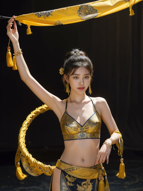 An ancient Chinese beauty，Dance，The ornate costumes are embroidered with intricate embroidery，A long colored streamer is tied around the arm，flowy，Open navel，cropped shoulderare neck，Yingluo，Black coiled hair bun hairpin hairband，The armband is tied with a streamer，Bracelet，Anklets，A metal chain tassel is tied around the waist，Mogao Cave Art，Inspiration for the Dunhuang flying mural，water ink，CGstation is popular ，NSFolden decoration，nipple tassels，Show your toeull bodyesbian --v 6