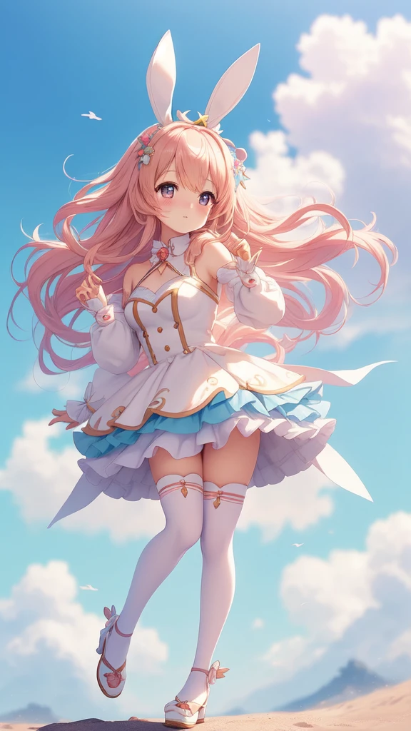 Bunny Morphing Girl, Fluffy, Soft ((Best Quality)), ((masutepiece)), ( Extreme Detail, Supreme Detail, Official art, Beauty and aesthetics: 1.2), depth of fields, Composition, Full body, (Chibi), (Beautiful and detailed eyes: 1.3), (Very satisfied:1), Colorful clouds blurred background
