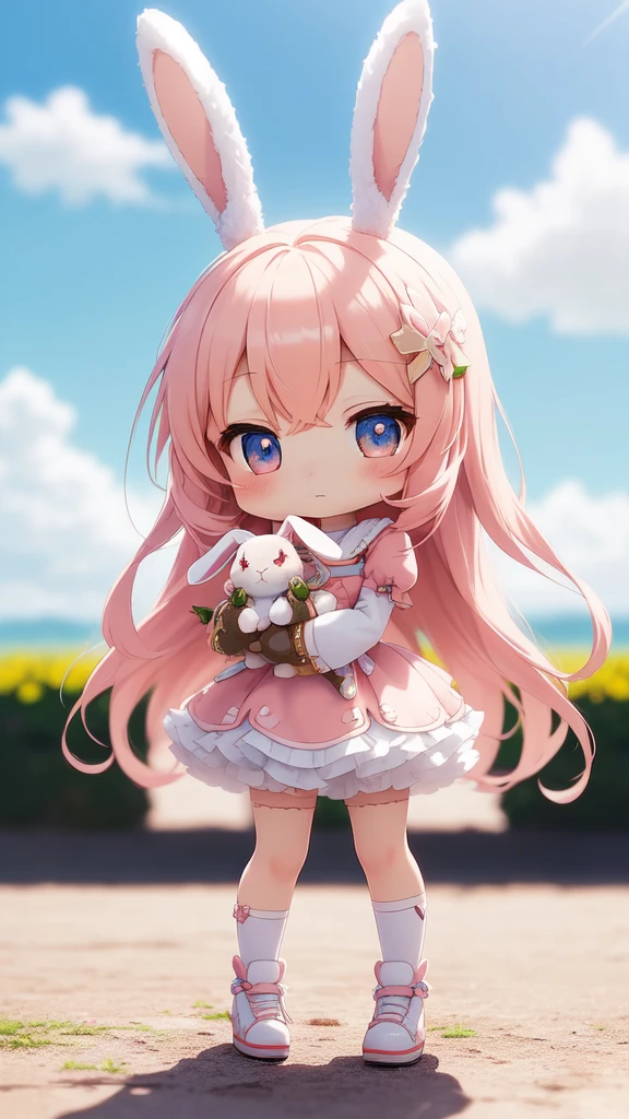 Bunny Morphing Girl, Fluffy, Soft ((Best Quality)), ((masutepiece)), ( Extreme Detail, Supreme Detail, Official art, Beauty and aesthetics: 1.2), depth of fields, Composition, Full body, (Chibi), (Beautiful and detailed eyes: 1.3), (Very satisfied:1), Colorful clouds blurred background