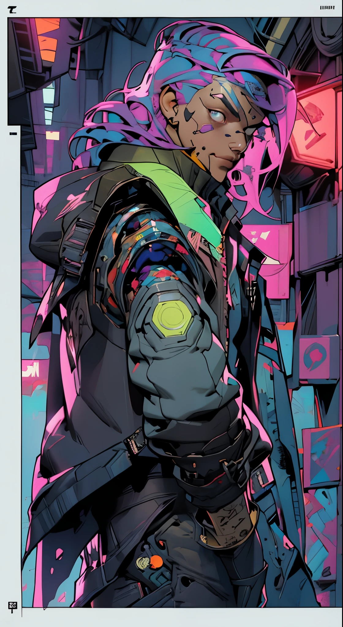 1_Color Portrait of a young man, Modern style, comic book, cyberpunk, future, colored fill, rich colors. Face tattoos, fashionable clothes, body devices.
2_The background depicts a majestic city of the future, an evening city, lights, illuminations, robots.
3_High image quality, 4K | Ultra HD | Full HD, cinematic comic book, 3D visualization _ in comic book style - linear stroke, color fill, high-quality stroke - a masterpiece, TOP computer graphics ART. 8K, , dark lighting, heavy shading. (vivid, anime, comic, creative, sharp focus, 8K). High detail of the drawing, lines, high quality background (cold tone shades, red, warm highlights, side lighting), Architecture, cyberpunk, futurism. Film grain, dust and airborne particles.