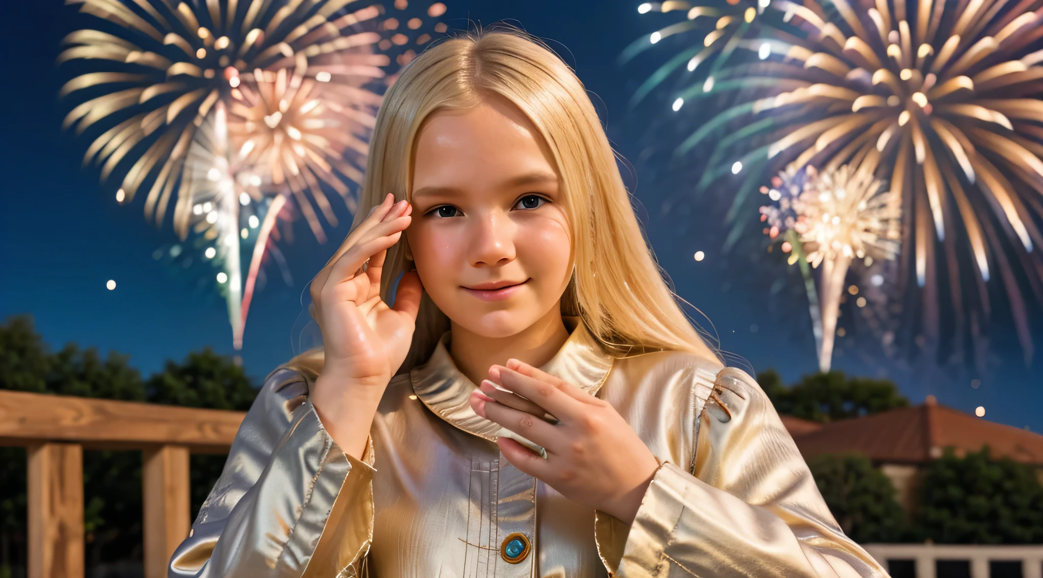 blonde girl CHILD clasped her hands in prayer, background fireworks. 2024