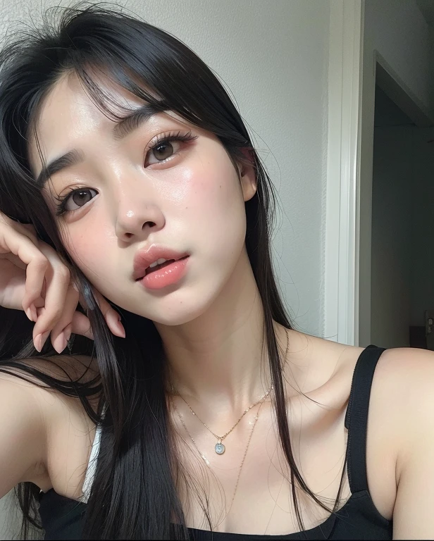 there is a woman with long hair posing for a picture, maquiagem sul-coreana popular, Ulzzang, maquiagem coreana popular, Mulher sul-coreana bonita, young adorable korean face, beautiful aesthetic face, linda mulher coreana jovem, menina coreana, korean face features, mulher coreana jovem bonita, wan adorable korean face, clear lips and high quality, menina bonito-fino-cara