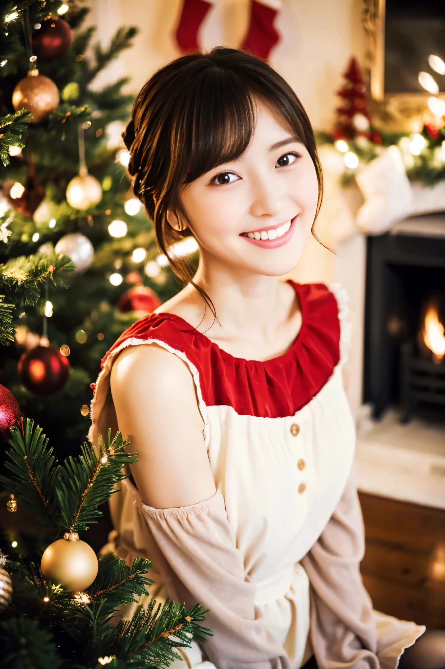 ulzzang -6500-v1.1, (Raw photo:1.2), (Photorealsitic), a beautiful detailed girl, (Real: 1.4), ighly detailedな目と顔, beatiful detailed eyes, (girl in a red strapless dress, Standing in front of a beautifully decorated Christmas tree),, ((Ultra-realistic pantyhose:1.2)), Squat on the floor、selfee、Instagram、game_nffsw, huge filesize, hight resolution, ighly detailed, top-quality, [​masterpiece:1.6], illustratio, ighly detailed, nffsw, finely detail, top-quality, 8k wallpaper, Cinematographic lighting, 1girl in, 17 age, perfect body type, cute droopy eyes beautiful big eyes、Pieckfinger, ((masutepiece)), Best Quality, 1girl in, eye shadow,  Idol makeup、Portrait, ((FULL BODYSHOT:1.4))、(Very affectionate smile:1.2)、realistic skin textures、shinny skin、Exposed thighs!!! Christmas,Fun atmosphere,Twinkling lights,soft snowflakes fall,Best Quality,4K,Ultra-detailed,Vibrant colors,pine scent,Cozy,romantic,Cheerful,breathtaking scenery,Warmth,Happiness,Magical,Holiday spirit,Winter wonderland,pure love and kindness.、off shoulders、I keep my hair up and short、a baby face、a navel