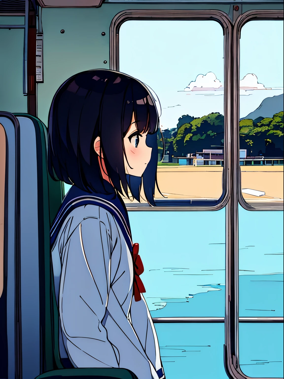 view from inside the bus、Girl in a sailor suit、profile、Looking out the window、Nostalgic、
