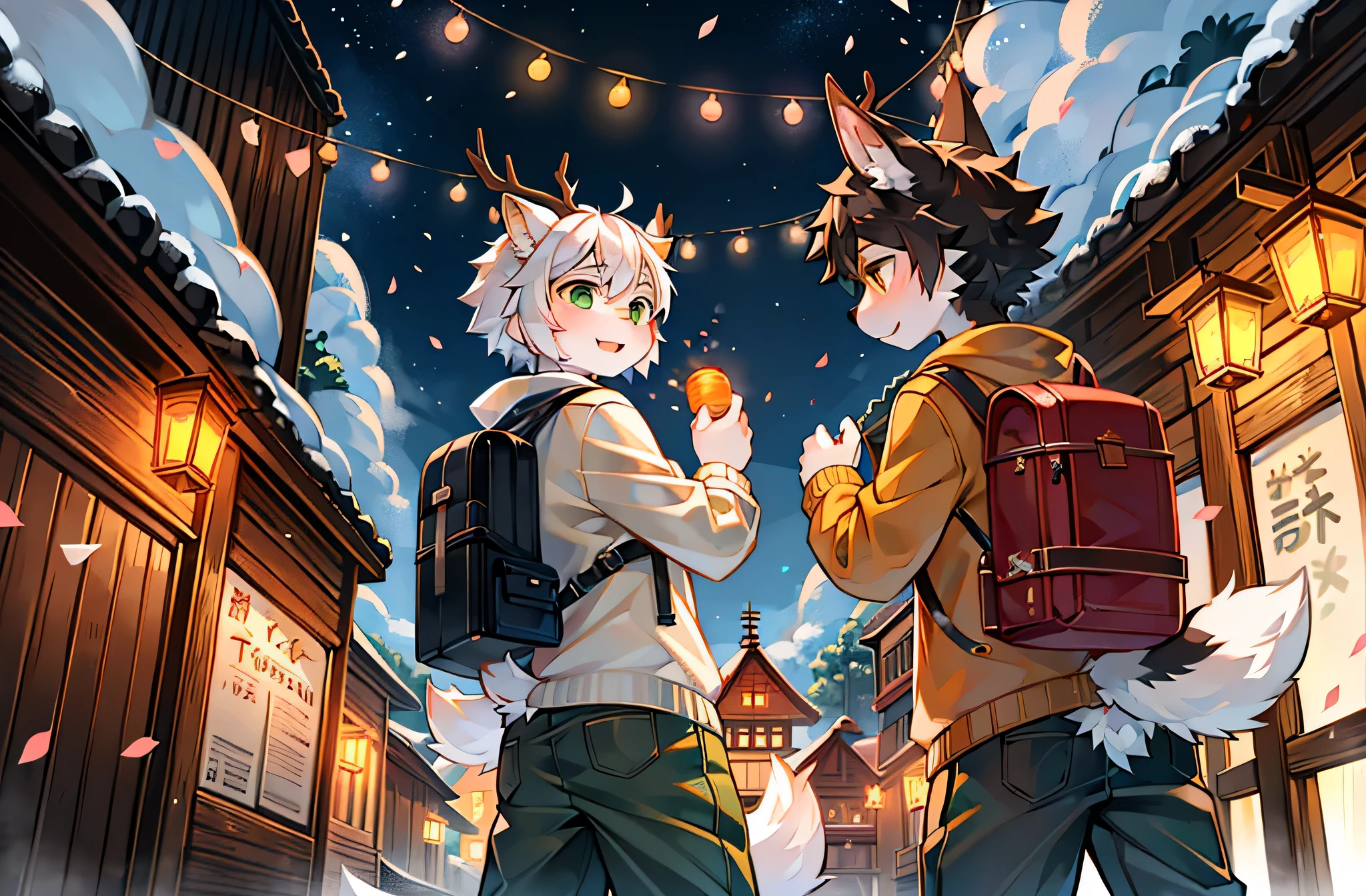 White hair, Green-eyed deer wearing white sweater,Black haired orange eyed wolf wearing orange sweater,deer antlers,在雪里放firecrackers,Peach blossom tree,falling flower petals,White petals,Oyuki,nigh sky,shota,firecrackers,spark of light,As estrelas,两个shota,lanterns,new year,having fun,furry tail,backpacks,Wear thick clothing,It was cold