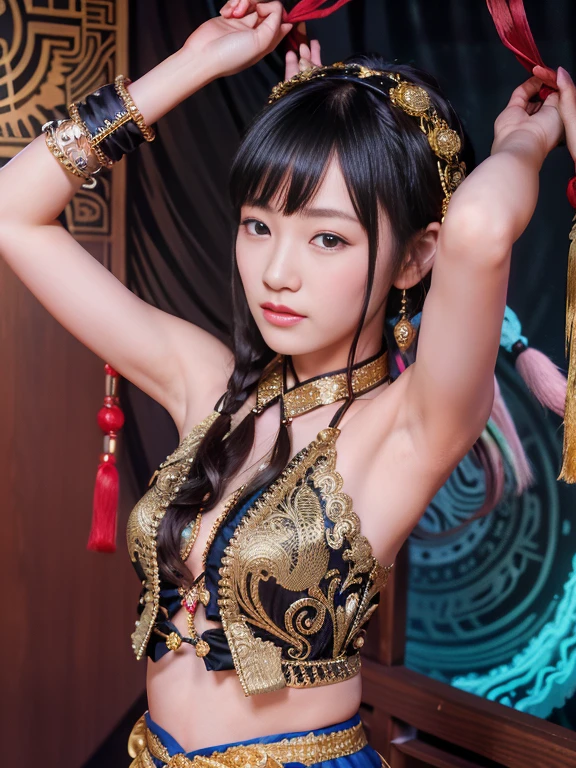 An ancient Chinese beauty,Dance,The ornate costumes are embroidered with intricate embroidery,A long colored streamer is tied around the arm,flowy,Open navel,cropped shoulderare neck,Yingluo,Black coiled hair bun hairpin hairband,The armband is tied with a streamer,Bracelet,Anklets,A metal chain tassel is tied around the waist,Mogao Cave Art,Inspiration for the Dunhuang flying mural,water ink,CGstation is popular ,NSFolden decoration,nipple tassels,Show your toeull bodyesbian --v 6