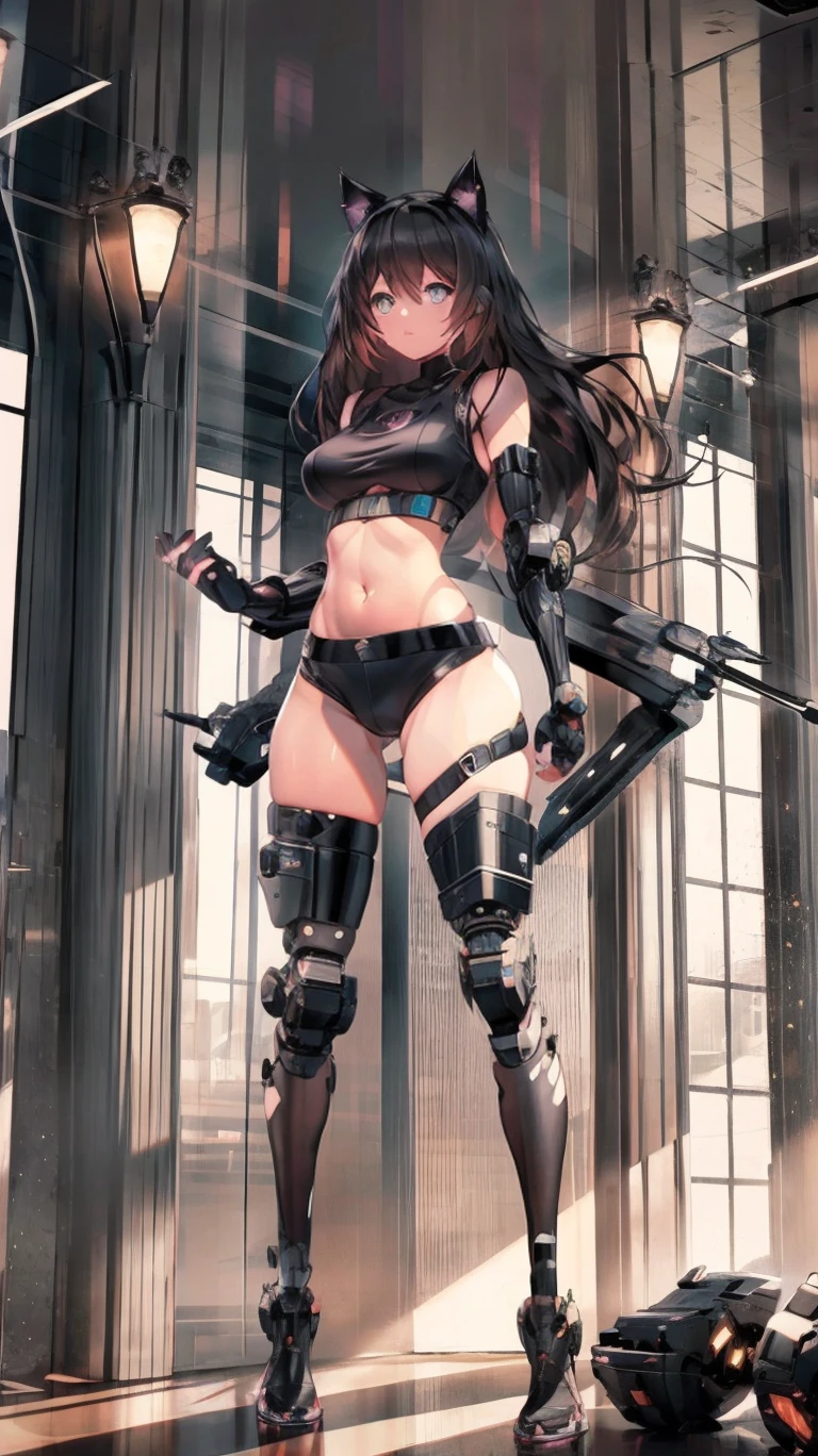 Defined female body, thick thighs, cybernetic body parts, black shorts, black training bra, cat ears, caramel brown eyes, long brown brown hair,