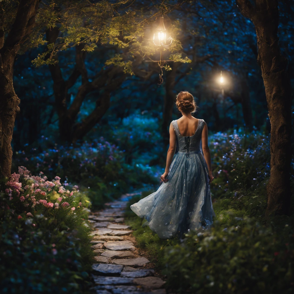 1 girl "Kate Mara com vestido azul celeste", a view of a path with a path leading to a garden with trees and flowers, Jardim encantado, fantasy gorgeous lighting, paisagem natural noturna, enchanted magical fantasy forest, Wonderland at night, very magical and dreamy, caminho, Lovely lighting, magical ambiance, paisagem lindamente iluminada, foto muito bonita, magic lighting, belo jardim, papel de parede bonito, magical ambiance