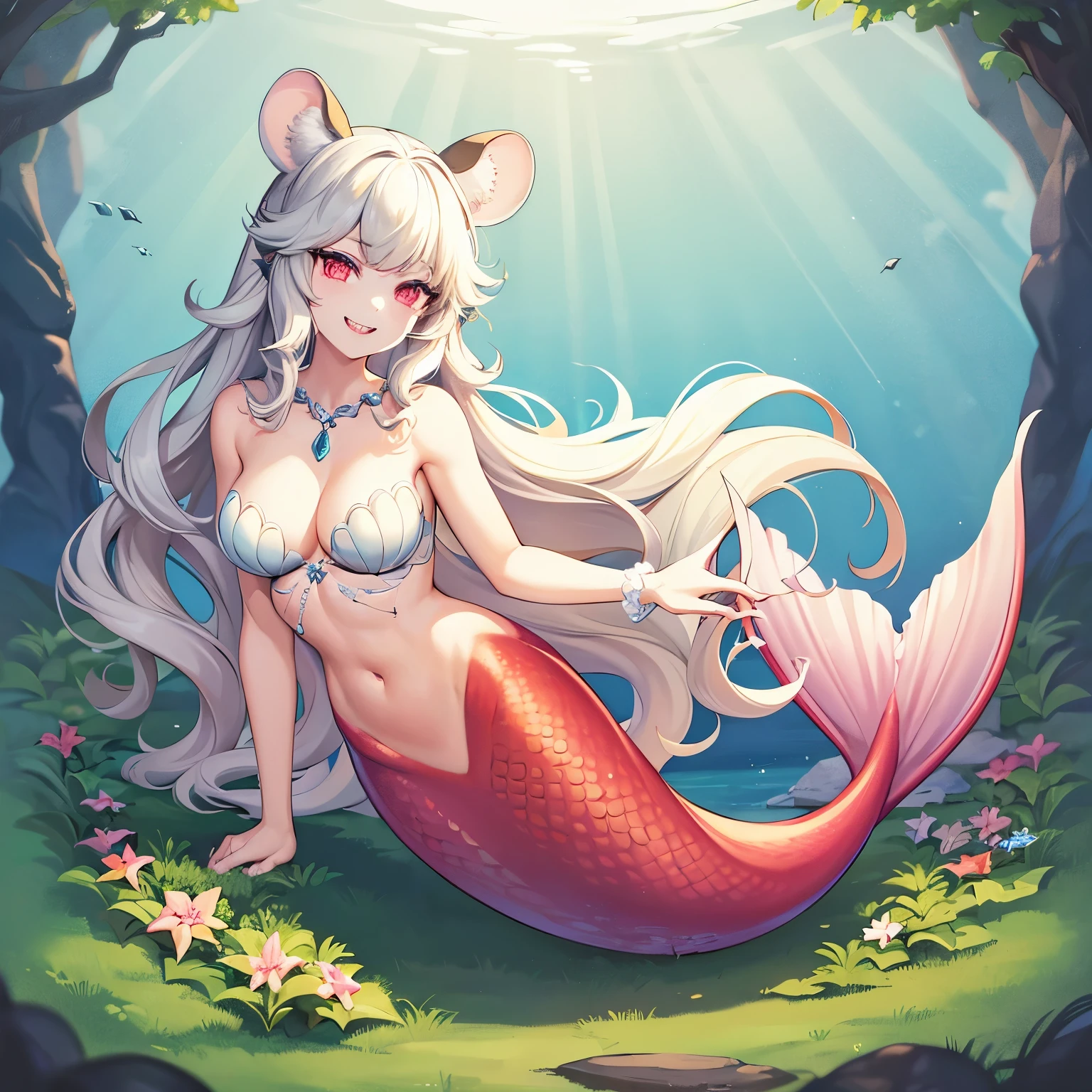 Pretty anthropomorphic mouse girl magically transformed into a beautiful mermaid, race swap, sharp teeth, is smiling, drawn in anime style, fishlike, very long curly white hair, red eyes, white fur, slim body, whiskers, mouse ears, long mermaid tail below waistline, shimmering cyan fish scales, pelvic and dorsal fins, a pair of fish gills on her torso, seashells bra, pearl earrings and bracelets, pearl necklace, swimming underwater, ocean depth, Highly detailed, masterpiece, high quality, 4K.