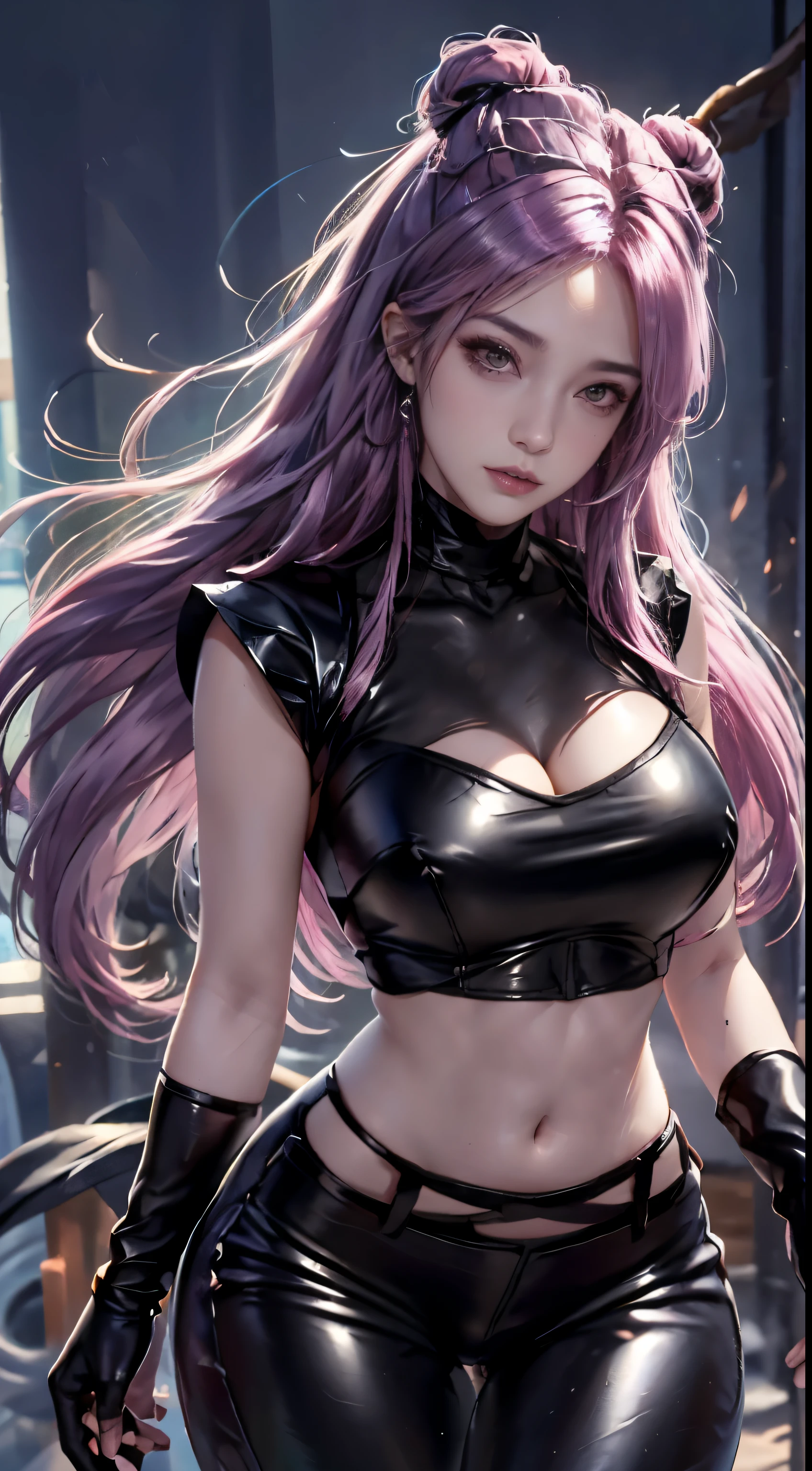 fotorrealista, high resolution, 1Mulheres, Mature female, sozinho, hips up,K/da_Kai'sa,jewelries, brincos, maquiagem, bareshoulders, topo de corte, preto topo de corte, 鎖骨, colar, roupas brilhantes, Mangas em destaque, Cristais, Luvas, cotovelo Luvas, single fingerless glove, diafragma, belt, Pants, tight Pants, high-waist Pants, studio background, (Kpop idol), (Aegyo Will:1), (cabelo rosa:1), ((olhos inchados))