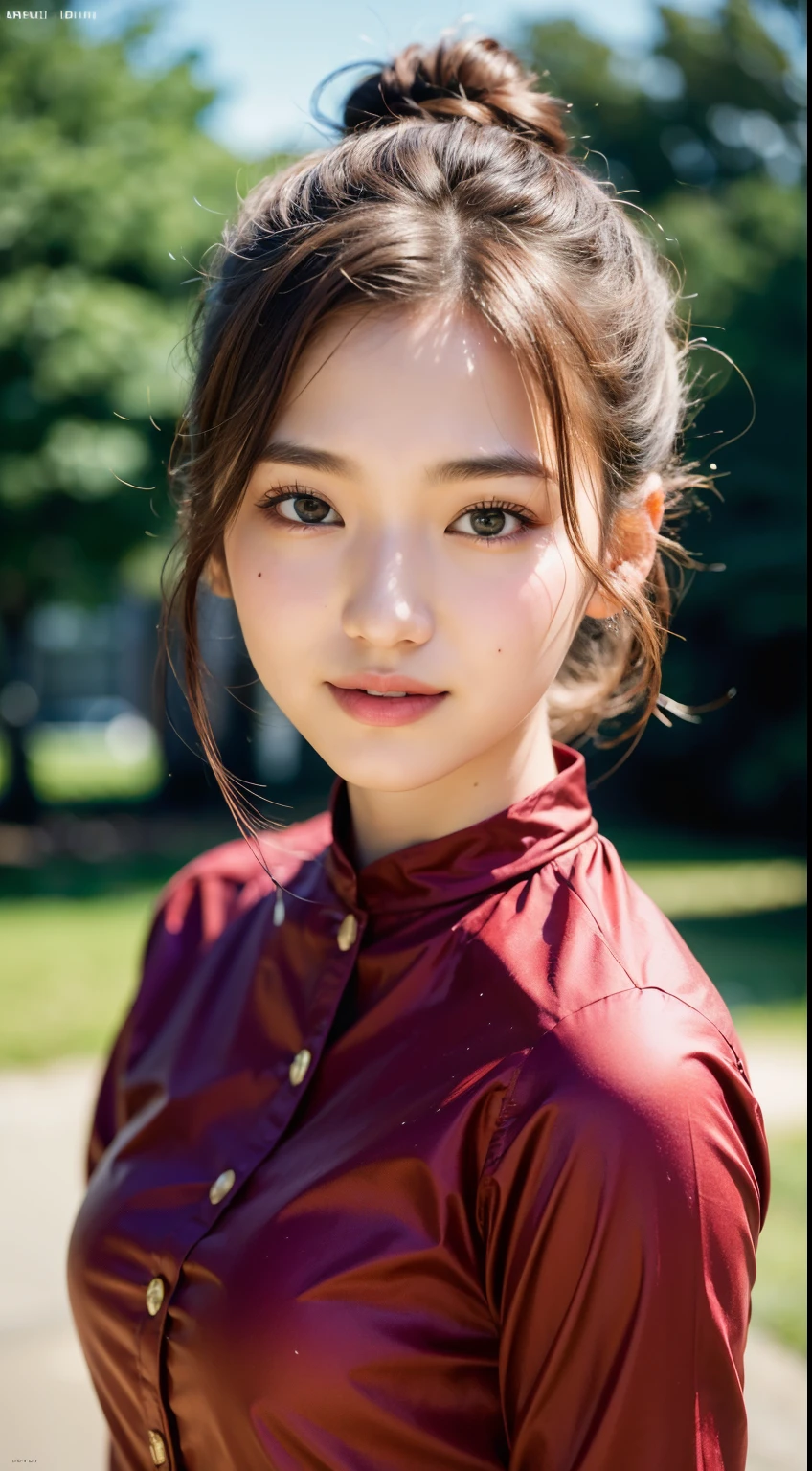 8k, best quality, masterpiece, realistic, ultra detail, photography, HDR, ROW photo, highres, absurdres, cinematic light, official art, depth of field,
close-up, slender, cute face, smile, beautiful details eyes, 19years old korean, pretty, Top knot with fiery red color,
shirt, park, day,