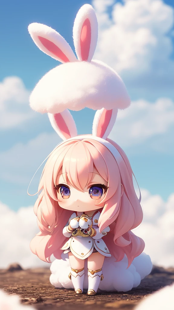 Bunny Morphing Girl, Fluffy, Soft ((Best Quality)), ((masutepiece)), ( Extreme Detail, Supreme Detail, Official art, Beauty and aesthetics: 1.2), depth of fields, Composition, Full body, (Chibi), (Beautiful and detailed eyes: 1.3), (Very satisfied:1), Colorful clouds blurred background