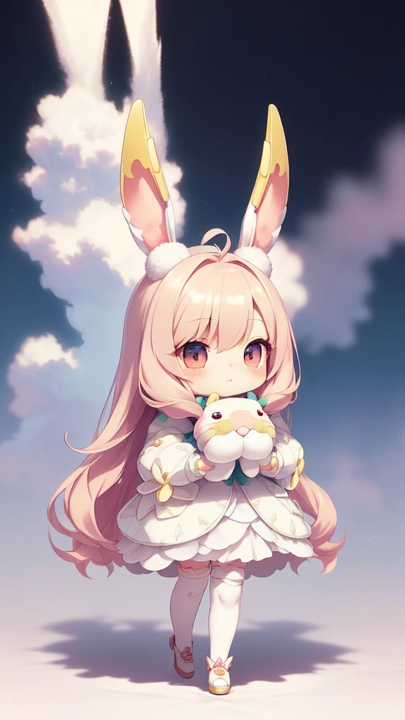 Bunny Morphing Girl, Fluffy, Soft ((Best Quality)), ((masutepiece)), ( Extreme Detail, Supreme Detail, Official art, Beauty and aesthetics: 1.2), depth of fields, Composition, Full body, (Chibi), (Beautiful and detailed eyes: 1.3), (Very satisfied:1), Colorful clouds blurred background