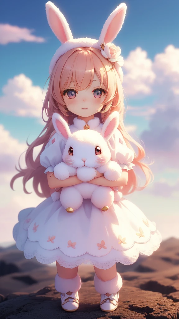 Bunny Morphing Girl, Fluffy, Soft ((Best Quality)), ((masutepiece)), ( Extreme Detail, Supreme Detail, Official art, Beauty and aesthetics: 1.2), depth of fields, Composition, Full body, (Chibi), (Beautiful and detailed eyes: 1.3), (Very satisfied:1), Colorful clouds blurred background