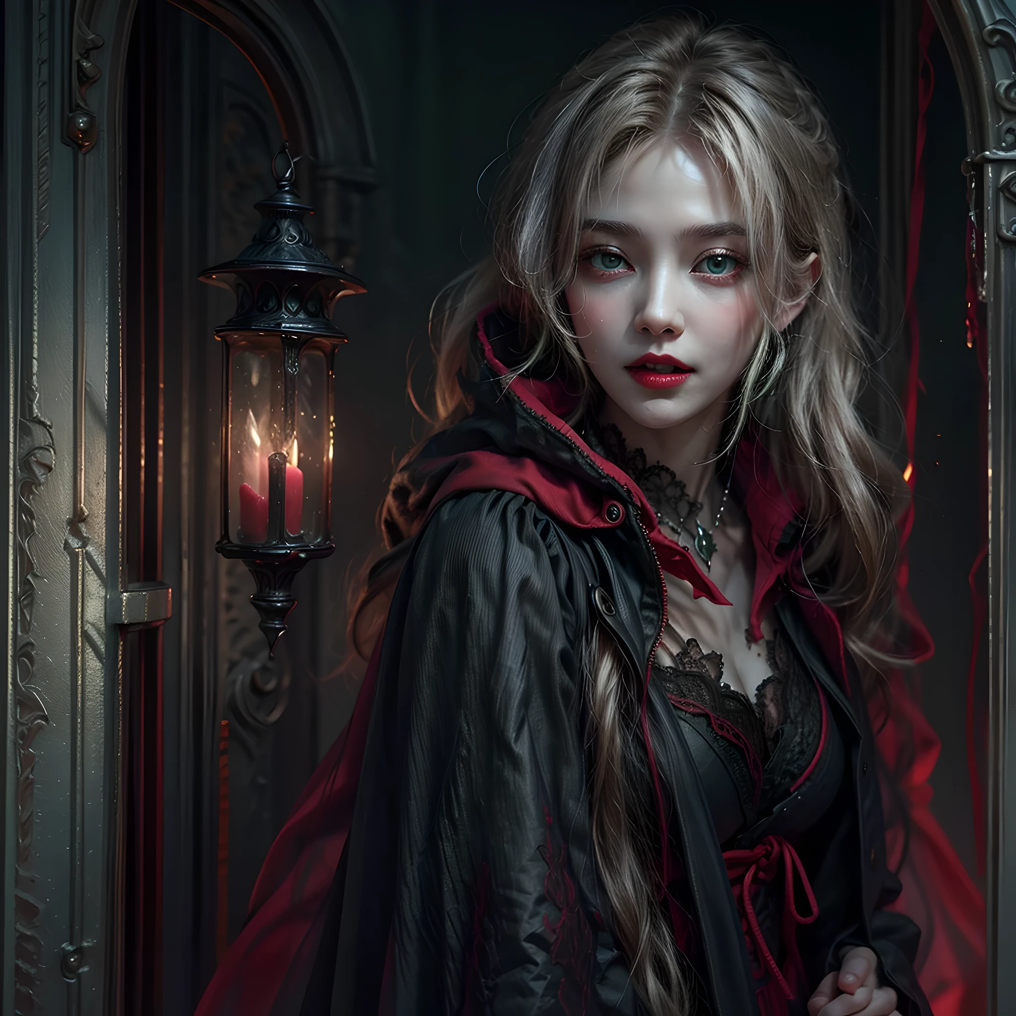 a picture of vampire standing in the front of her home, an exquisite beautiful female vampire in her front door of her home, full body (ultra detailed, Masterpiece, best quality), ultra detailed face (ultra detailed, Masterpiece, best quality), grey skin: 1.3 , blond hair, hair in a ponytail, long hair, blue eyes, cold eyes, glowing eyes, intense eyes, smile with [drops of blood on face] (ultra detailed, Masterpiece, best quality), dark red lips, [vampire fangs], wearing (red: 1.4) dress (ultra detailed, Masterpiece, best quality), (green: 1.4) dark green cloak, (green: 1.3) (green: 1.3) high heeled boots in front of her home,  Cinematic Shot, Cinematic Lighting high details, best quality, 16k, [ultra detailed], masterpiece, best quality, (ultra detailed), full body, ultra wide shot, photorealism, dark fantasy art, moon light coming through the window, moon rays, gothic art, sense of dread, sense of seduction, bloodmagic