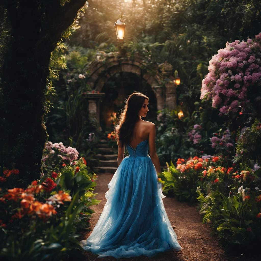 1 girl "Megan Fox com vestido azul celeste", a view of a path with a path leading to a garden with trees and flowers, Jardim encantado, fantasy gorgeous lighting, paisagem natural noturna, enchanted magical fantasy forest, Wonderland at night, very magical and dreamy, caminho, Lovely lighting, magical ambiance, paisagem lindamente iluminada, foto muito bonita, magic lighting, belo jardim, papel de parede bonito, magical ambiance