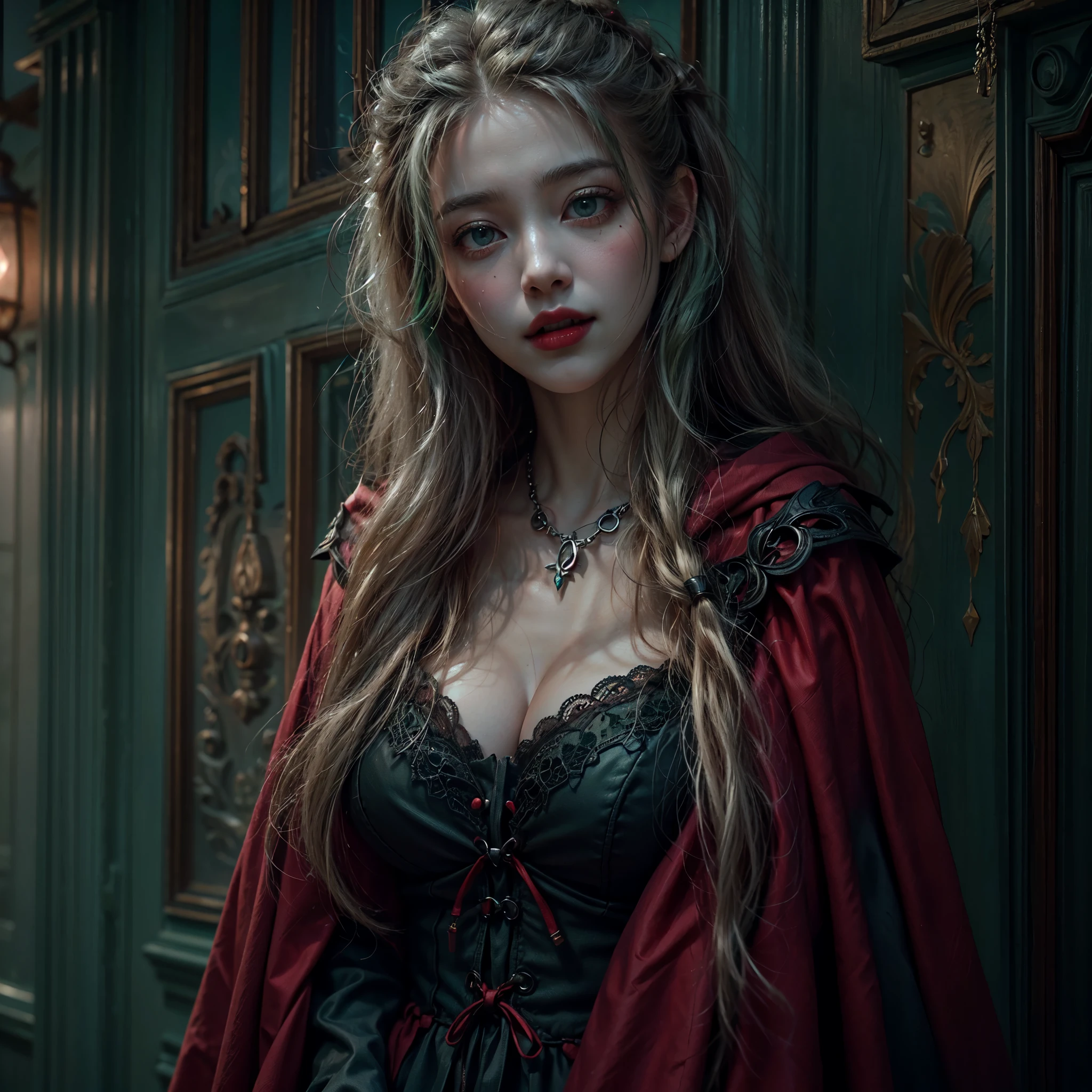 a picture of vampire standing in the front of her home, an exquisite beautiful female vampire in her front door of her home, full body (ultra detailed, Masterpiece, best quality), ultra detailed face (ultra detailed, Masterpiece, best quality), grey skin: 1.3 , blond hair, hair in a ponytail, long hair, blue eyes, cold eyes, glowing eyes, intense eyes, smile with [drops of blood on face] (ultra detailed, Masterpiece, best quality), dark red lips, [vampire fangs], wearing (red: 1.4) dress (ultra detailed, Masterpiece, best quality), (green: 1.4) dark green cloak, (green: 1.3) (green: 1.3) high heeled boots in front of her home,  Cinematic Shot, Cinematic Lighting high details, best quality, 16k, [ultra detailed], masterpiece, best quality, (ultra detailed), full body, ultra wide shot, photorealism, dark fantasy art, moon light coming through the window, moon rays, gothic art, sense of dread, sense of seduction, bloodmagic