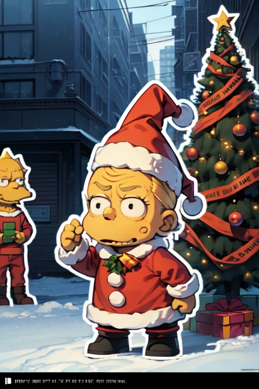 Christmas Sticker, Sticker design, Christmas hat, Christmas tree, cyberpunk, (by Bart Simpson), enhance, intricate, (masterpiece, Representative work, official art, Professional, unity 8k wallpaper:1.3)