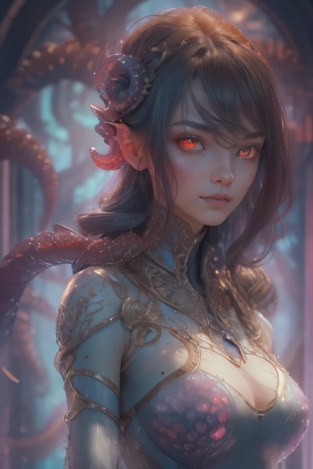 Portrait, (beautiful female alien:1.2), (There is a female genital-like organ in the middle of the forehead:1.8), (The most beautiful face in the history of the universe:1.2), (scarlet eyes:1.6), (Translucent skin:1.8), an evil gaze that seduces , (red eyes:1.5), Full body like, (sexypose:1.5), alien, No humans, cells are fused, (Lots of translucent tentacles:1.1) (Translucent skin:1.3), extraterrestrial, cell, bio image, 魅惑的, Best Quality, 8K,4K_quality, high definition, Dramatic Lighting, masutepiece:1.5,cinematic quality, detail up, (Intricate details:1.2), high resolution, High Definition, drawing faithfully, (Thick eyebrows:1.2), Beautiful eyes with fine symmetry, (Ultra detailed eyes:1.2),(Highly detailed face and eyes:1.2), (High-resolution red-eye:1.4), Intimate face, (Super detailed skin quality feeling:1.4), Perfect Anatomy, (Beautiful toned body:1.5), (Moist skin:1.2), No makeup, (dark circles:1.1), long canines, cinematic drawing of characters, ultra high quality model, cinematic quality, detail up, (Intricate details:1.2), high resolution, High Definition, drawing faithfully, Official art, Unity 8K wall , 8K Portrait, Best Quality, Very high resolution, ultra detailed artistic photography, midnight aura, unreal engine 5, Ultra Sharp Focus, art by alberto seveso, ArtGerm, Roisch, intricate artwork, Medusa, best quality, masterpiece, ultra high resolution, (photos realistic:1.4), Ultra-realistic realism, dream-like, nautilus, Creation of fantasy, Snail, Dream Snail, biopunk nautilus, thrilling color schemes, Ultra-realistic realism, seductively smiling, blue tentacles