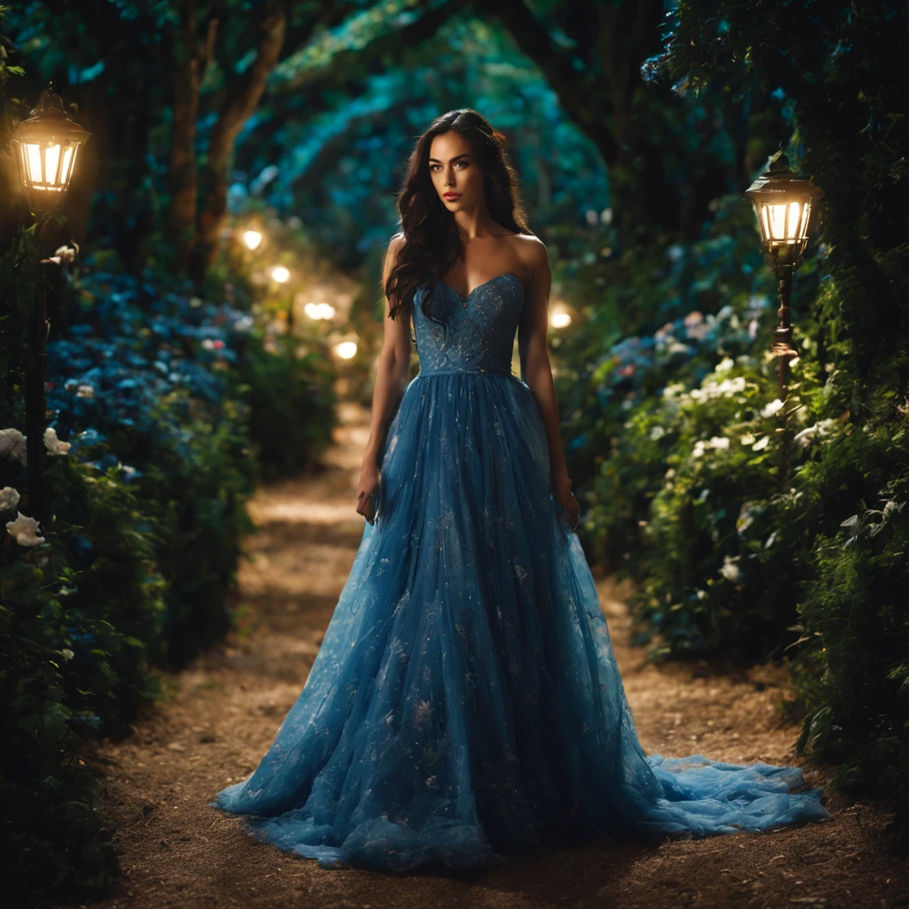 1 girl "Megan Fox com vestido azul celeste", a view of a path with a path leading to a garden with trees and flowers, Jardim encantado, fantasy gorgeous lighting, paisagem natural noturna, enchanted magical fantasy forest, Wonderland at night, very magical and dreamy, caminho, Lovely lighting, magical ambiance, paisagem lindamente iluminada, foto muito bonita, magic lighting, belo jardim, papel de parede bonito, magical ambiance