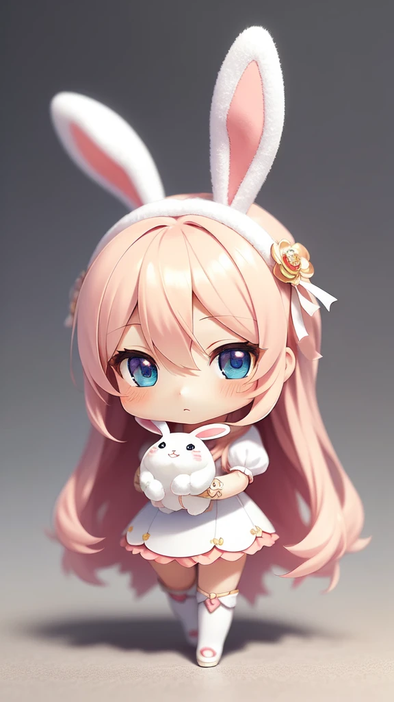 Bunny Morphing Girl, Fluffy, Soft ((Best Quality)), ((masutepiece)), ( Extreme Detail, Supreme Detail, Official art, Beauty and aesthetics: 1.2), depth of fields, Composition, Full body, (Chibi), (Beautiful and detailed eyes: 1.3), (Very satisfied:1), Colorful clouds blurred background