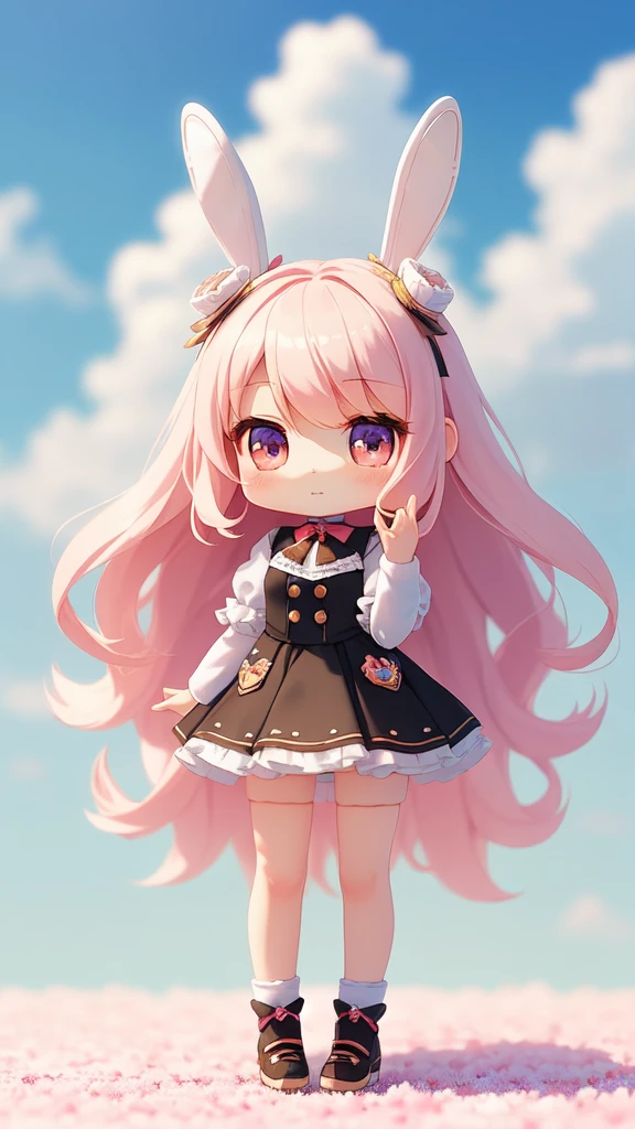 Bunny Morphing Girl, Fluffy, Soft ((Best Quality)), ((masutepiece)), ( Extreme Detail, Supreme Detail, Official art, Beauty and aesthetics: 1.2), depth of fields, Composition, Full body, (Chibi), (Beautiful and detailed eyes: 1.3), (Very satisfied:1), Colorful clouds blurred background