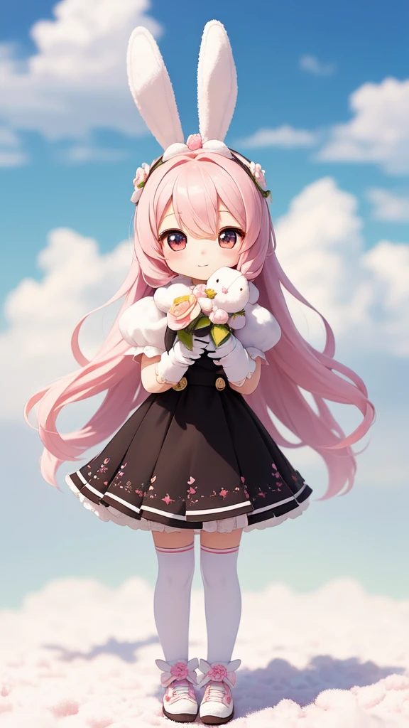 Bunny Morphing Girl, Fluffy, Soft ((Best Quality)), ((masutepiece)), ( Extreme Detail, Supreme Detail, Official art, Beauty and aesthetics: 1.2), depth of fields, Composition, Full body, (Chibi), (Beautiful and detailed eyes: 1.3), (Very satisfied:1), Colorful clouds blurred background