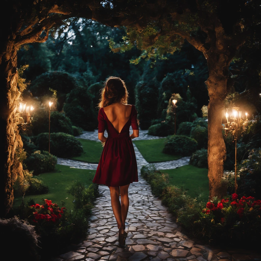 1 girl "Kate Beckinsale in sunglasses and wine red dress", a view of a path with a path leading to a garden with trees and flowers, Jardim encantado, fantasy gorgeous lighting, paisagem natural noturna, enchanted magical fantasy forest, Wonderland at night, very magical and dreamy, caminho, Lovely lighting, magical ambiance, paisagem lindamente iluminada, foto muito bonita, magic lighting, belo jardim, papel de parede bonito, magical ambiance